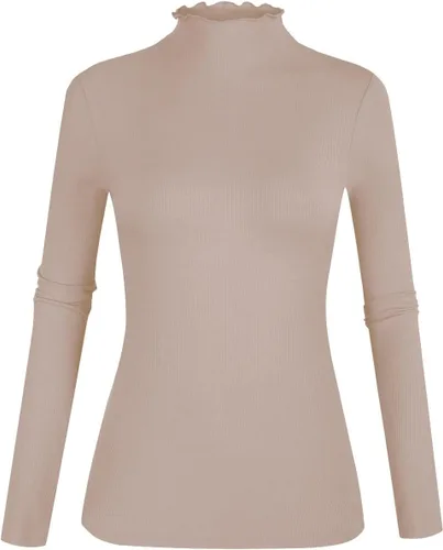 Vista 10 de POPZONE - Camiseta de manga larga con cuello alto falso, ajustada, de punto acanalado con ribete de lechuga para mujer
