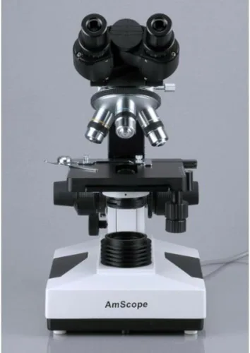 Vista 4 de AmScope Microscopio binocular compuesto B490B-LED, oculares WF10x y WF20x, aumento 40X-2000X, Brightfield, iluminación LED, condensador Abbe, etapa