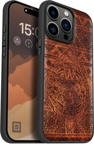 Vista 12 de Carveit Funda de madera para iPhone 15 Pro Max, calendario azteca, cereza
