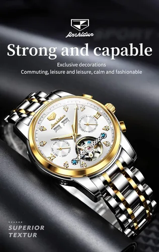Vista 3 de JSDUN Relojes para hombre automático de cuerda automática, reloj de pulsera mecánico, multicalendario, acero inoxidable, mes, fecha, semana