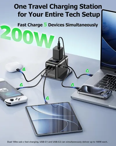Vista 3 de Adaptador de viaje universal GaN de 200 W, USB-C dual de 100 W para 2 GaN200W con pantalla inteligente-negro+blanco