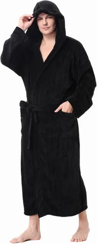 Vista 15 de KEMUSI Bata suave tipo herringbone con capucha para hombre, bata de spa de longitud completa, cómoda y cálida de noche Negro