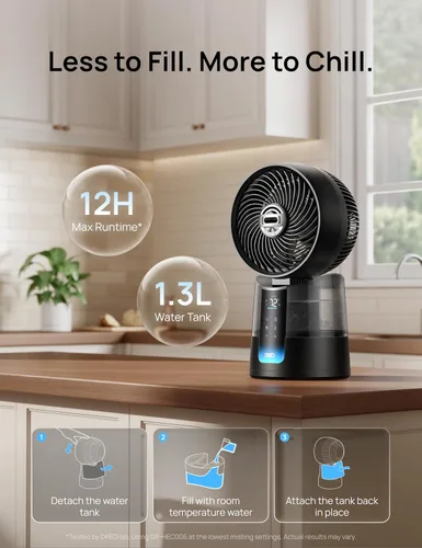 Vista 5 de DREO TurboCool Ventilador de nebulización 516, oscilación omnidireccional de 150°+30°, ventiladores de refrigeración que soplan aire frío caída de 5