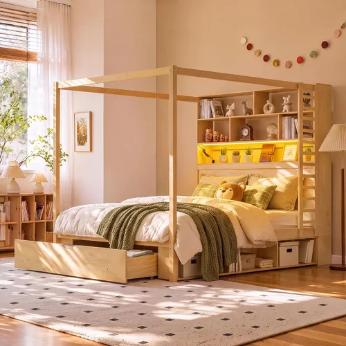 Vista 17 de Cama de plataforma con dosel de 4 pósteres de tamaño matrimonial con cabecero de listones verticales Negro-8.1