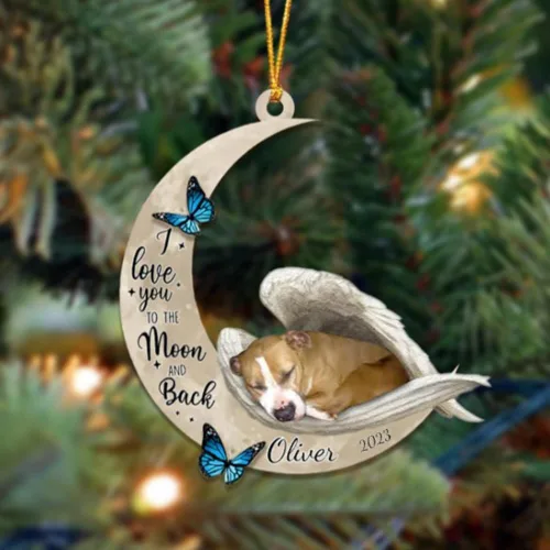 Vista 130 de Adorno colgante personalizado de ángel durmiendo en la luna, perro sabueso afgano, nombre personalizado, acrílico impreso en 2D plano – cumpleaños