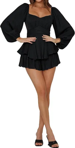 Vista 3 de Louatui Mameluco con volantes para mujer, con hombros descubiertos, manga abombada, con vuelo, vestido corto fruncido