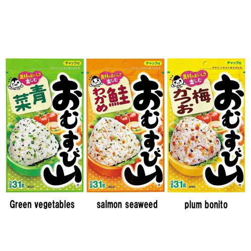 Vista 3 de Omusubi Yama" Condimento para mezclar para bolas de arroz Surtido 1.1oz 3tipos Espolvorear japonés Ninjapo