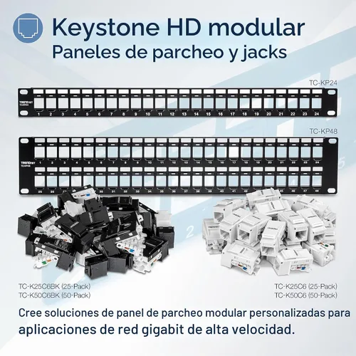 Vista 4 de TRENDnet Paneles de Parche Keystone 1U en blanco de 24 puertos, TC-KP24/2, Carcasa de Montaje en Rack Metálica de 1U 19", recomendada con conectores
