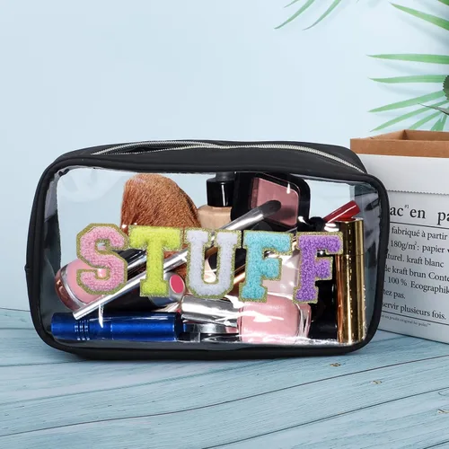 Vista 2 de Preppy Patch STUFF - Bolsa de maquillaje con letras de chenilla para mujeres, bolsa de PVC transparente con cremallera, bolsa de parches
