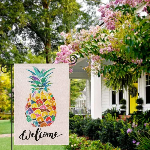 Vista 5 de Bandera de jardín de piña de bienvenida de 12.5 x 18 pulgadas, bandera decorativa de arpillera de doble cara para decoración de patio de granja