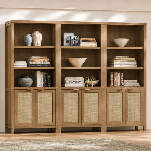 Vista 13 de SICOTAS Estantería de ratán de 5 niveles con puertas para biblioteca Roble negro