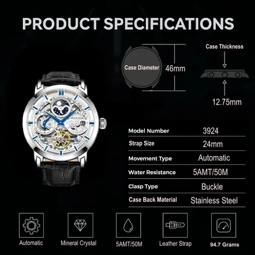 Vista 5 de Stuhrling Original Legacy – Reloj automático para hombre, de acero inoxidable, con correa de cuero genuino negro, caja de 46 MM