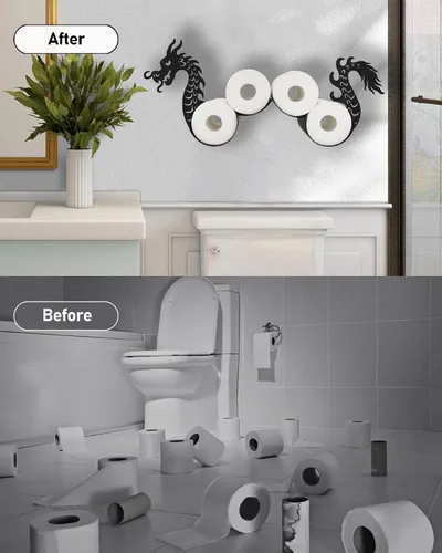 Vista 6 de Soporte para rollo de papel higiénico de dragón, montado en la pared, color negro mate, almacenamiento y organizador para 5 rollos adicionales