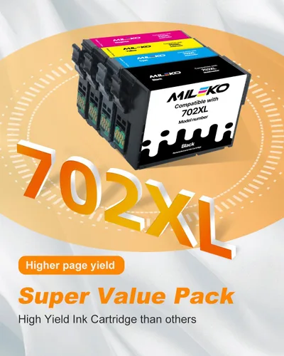 Vista 4 de MILEKO 702XL Cartuchos de tinta remanufacturados de repuesto para Epson 702XL 702 702 XL T702XL para usar con Workforce Pro WF-3720 WF-3730 WF-3733