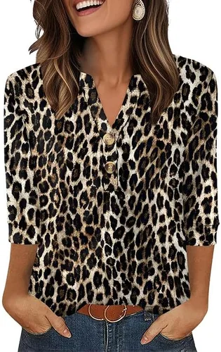 Vista 9 de OFEEFAN - Camisetas de manga 3/4 estilo Henley para mujer, blusas de moda de otoño 2025, atuendos escolares para maestras Raya