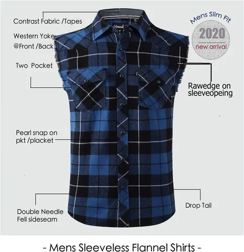 Vista 5 de Camisa casual de franela a cuadros con broches sin mangas con bolsillo para hombre