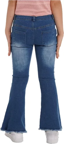 Vista 5 de YiZYiF Pantalones vaqueros acampanados rasgados para niños y niñas, pantalones de mezclilla de cintura alta, pantalones casuales de verano