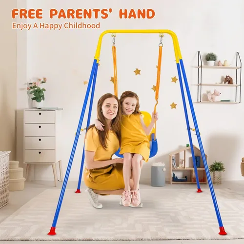 Vista 5 de Juego de columpios 3 en 1 para niños pequeños, juego de columpios para bebés con soporte plegable de metal para jugar al aire libre/interior, diseño