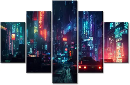 Vista 279 de Cuadros de 5 paneles de Cyberpunk City, arte de pared, representación de vallas publicitarias, edificios modernos en la capital con obras de arte