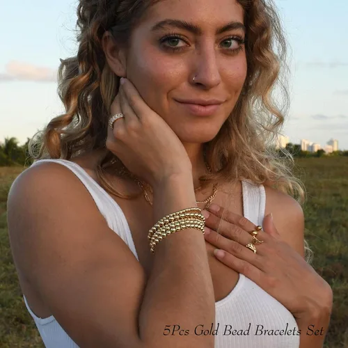 Vista 2 de Juego de 5 pulseras de perlas sintéticas para mujer, pulseras elásticas de cuentas para dama de honor, novia, joyería de fiesta