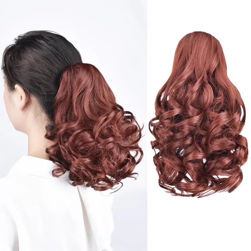 Vista 2 de Cola de caballo con clip, color castaño rojizo, ondulado de 10 pulgadas, extensión de cola de caballo de 3.3 onzas, extensiones de cabello sintético