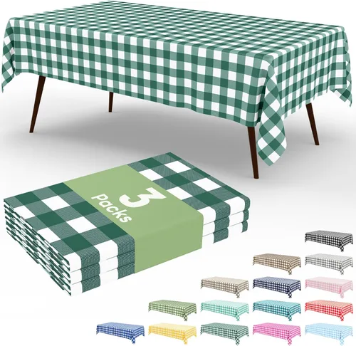 Vista 66 de Smiry Paquete de 3 Manteles Desechables de Cuadros Gingham Color Caqui - 54" x 72" Mantel de Plástico de Servicio Pesado, Cubiertas de Mesa