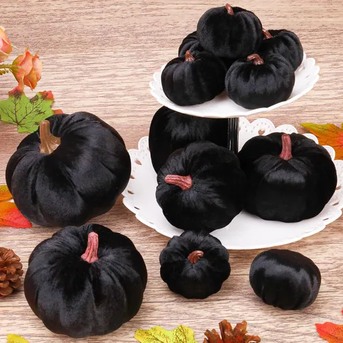 Vista 6 de Juego de 12 calabazas artificiales de terciopelo para Halloween, tela de cocina sintética de cosecha de otoño, espuma de granja, porche, mesa