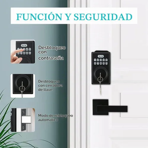Vista 6 de Cerradura de puerta de entrada sin llave con 2 asas, juego de cerrojo electrónico para puerta delantera, bloqueo automático, contraseña antimiradas