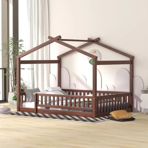 Vista 15 de MERITLINE Cama individual Montessori para niños, marco de cama individual Montessori con rieles y techo, no necesita somier, para niños, Gris