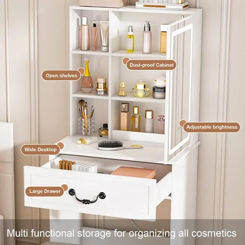 Vista 4 de Juego de Tocador Pequeño con Espejo Iluminado y Taburete, Juego de Mesa de Maquillaje Compacta con Luz - 3 Modelos de Colores, Mesa de Maquillaje