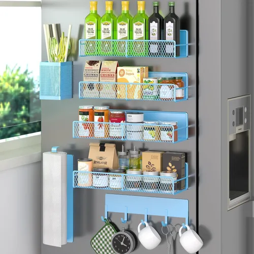 Vista 40 de Estante magnético para especias para refrigerador, paquete de 7 estantes magnéticos fuertes 100% de metal, organizador de especias con soporte