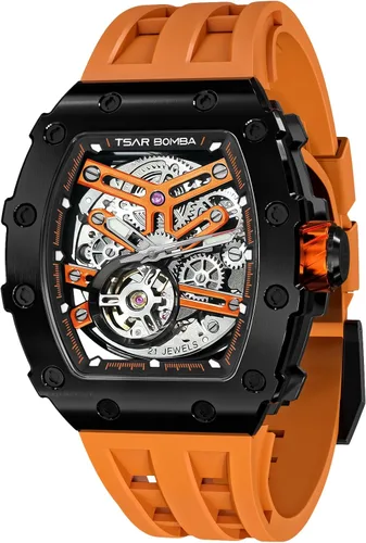 Vista 40 de Tsar Bomba Men's Automatic Watch Tonneau Luxury Skeleton Watch for Men Mechanical 50M Waterproof Wristwatch Gift for Men 08tc-whi