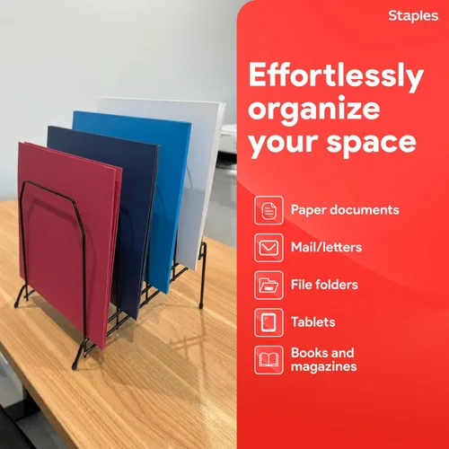 Vista 4 de STAPLES Organizador de archivos de escritorio con inclinación de metal, 8 compartimentos, diseño escalonado, negro, almacenamiento de papel