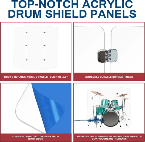 Vista 4 de PENNZONI Drum Shield de 5 pies con bisagras cromadas, viene con 3 paneles de batería y bisagras cromadas, paneles de acrílico transparente de alta