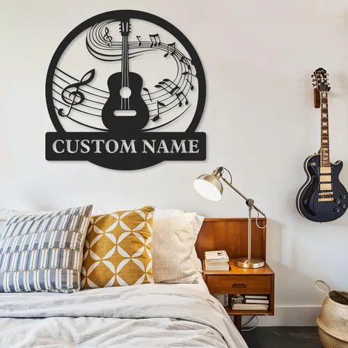 Vista 3 de Letrero de metal personalizado de guitarra, letreros de metal personalizados, decoración de pared de notas musicales, arte de pared divertido