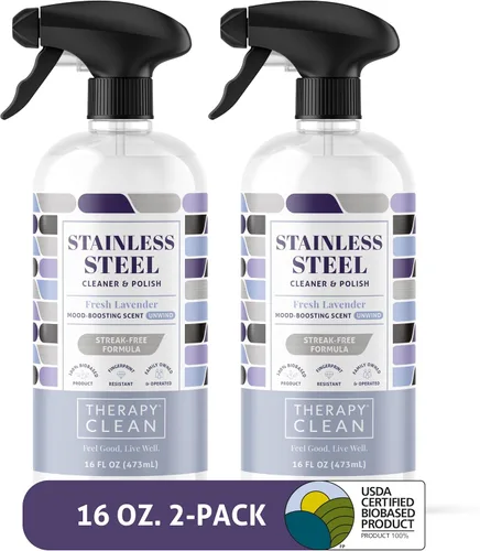 Vista 9 de Limpiador y abrillantador de acero inoxidable Therapy con gamuza de microfibra grande, 16 fl. oz. 100% USDA Biobased. Removes fingerprints &
