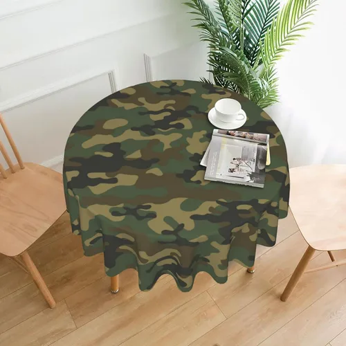 Vista 2 de Mantel redondo de camuflaje militar de 60 pulgadas, impermeable, poliéster, verde militar, camuflaje, mantel decorativo para vacaciones, cocina