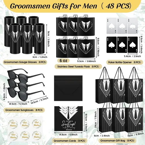Vista 4 de Bokon 48 piezas de regalos para padrinos de boda para hombres, frasco de esmoquin de acero inoxidable, para padrinos de boda, anteojos de póquer