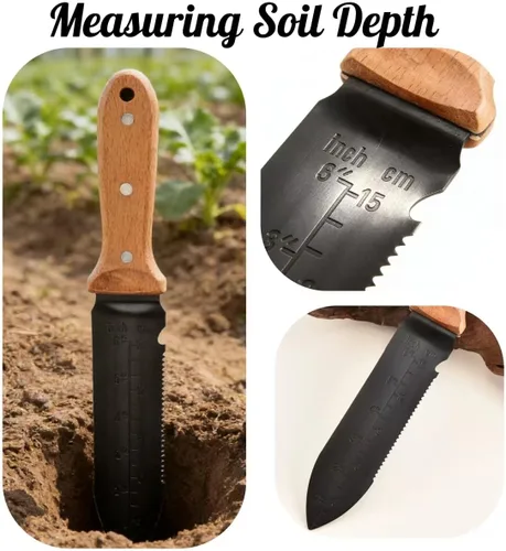 Vista 5 de Hori Hori - Cuchillo de jardín, hoja de acero inoxidable de 7 pulgadas, herramienta de jardinería resistente, mango de madera de espiga completa