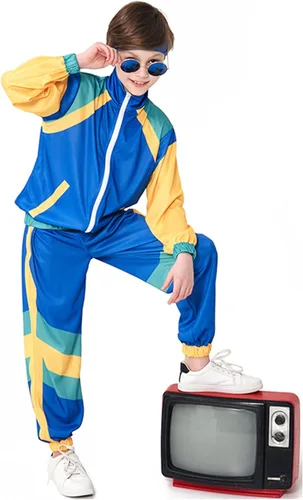 Vista 5 de COREWO Conjunto deportivo de los años 80 para niños, disfraz de hip hop, parte superior y pantalones, ropa deportiva de baile retro