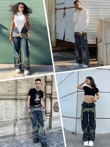 Vista 2 de Harajuku Hip Hop - Pantalones de mezclilla para hombre, ropa urbana, diseño de llama, cruz, bloque de color, pantalones casuales, pantalones
