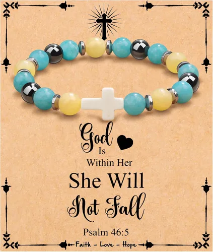 Vista 34 de JoycuFF Regalos Cristianos, Pulseras de Cruz para Mujeres, Joyería Cristiana Católica Religiosa de Fe de Pascua, Pulseras de Piedra Natural