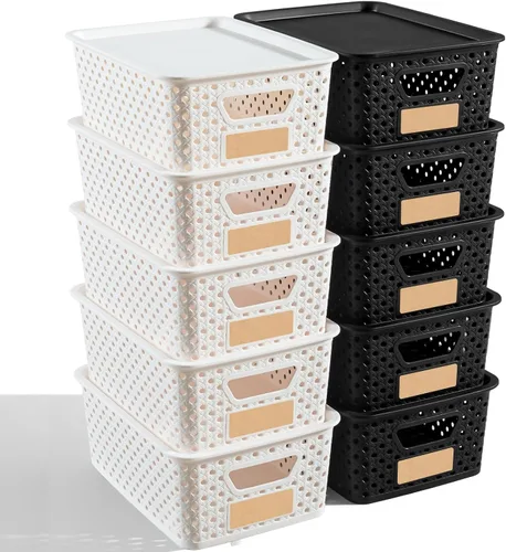 Vista 10 de Paquete de 10 cubos pequeños de plástico con tapas, cestas de almacenamiento de plástico apilables para organizar con asas, contenedores