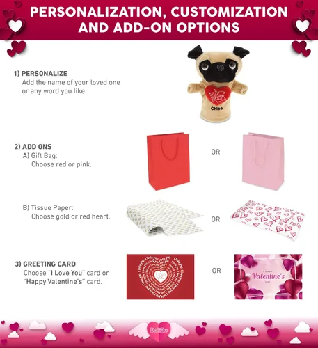Vista 2 de DolliBu Marioneta de peluche con diseño de perro I Love You Dog Pug – Lindo animal de peluche con corazón y nombre personalizado para San Valentín