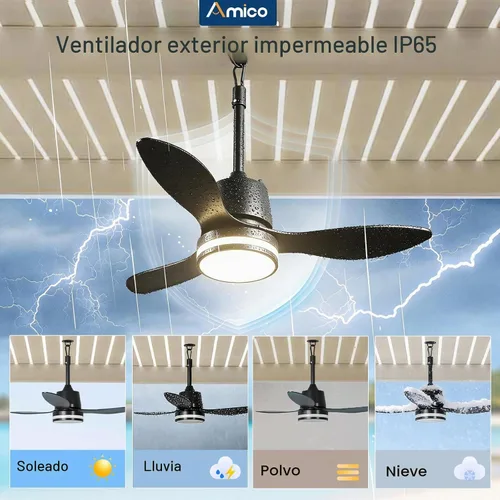 Vista 3 de Amico Ventiladores de techo para exteriores de 36 pulgadas con luces para patios, ventilador de glorieta impermeable IP65, control remoto, 3CCT, 6