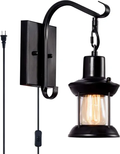 Vista 9 de GLADFRESIT Lámparas de pared rústicas, aplique de pared tipo farol enchufable, apliques de pared antiguos negros, luminarias de iluminación de pared