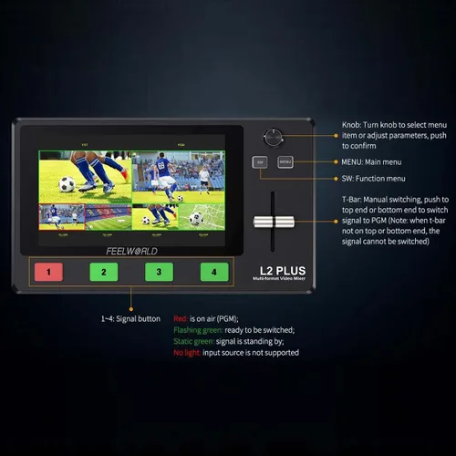 Vista 4 de Feelworld L2 Plus 5.5 "LCD Multi-Cámara Video Mezclador Conmutador con Pantalla Táctil PTZ Control Chroma Key USB3.0 para transmisión en vivo