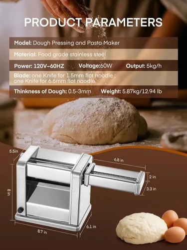 Vista 5 de FOHERE Máquina eléctrica para hacer pasta, fabricante de fideos de grosor ajustable para espaguetis, fettuccine, lasaña y albóndigas