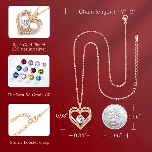 Vista 6 de LOUISA SECRET Love Heart Birthstone Necklaces for Women, 925 Sterling Silver Women Pendant Necklace, Mothers Day Birthday Anniversary Jewelry Gift