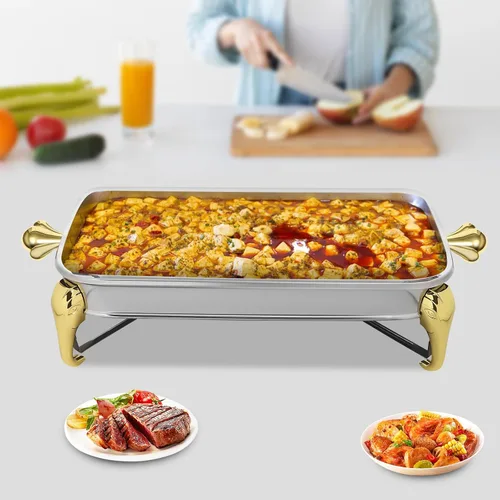Vista 7 de Calentador de alimentos de acero inoxidable, juego de platos de bufé rectangular, estufa de buffet, juego de calentador de bufé para uso doméstico